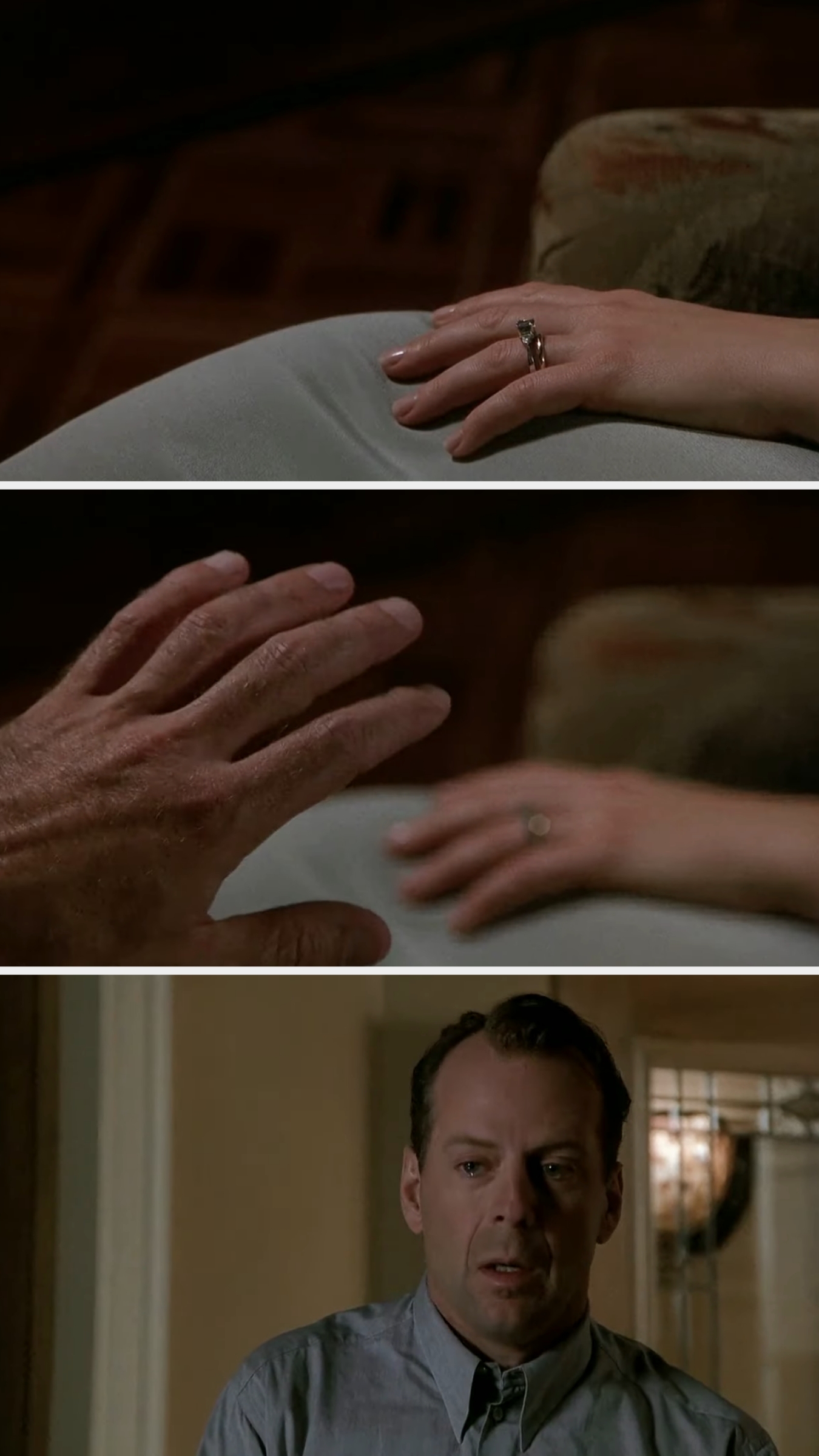 A hand reaching towards another resting hand with a ring, followed by a person looking concerned in a domestic setting