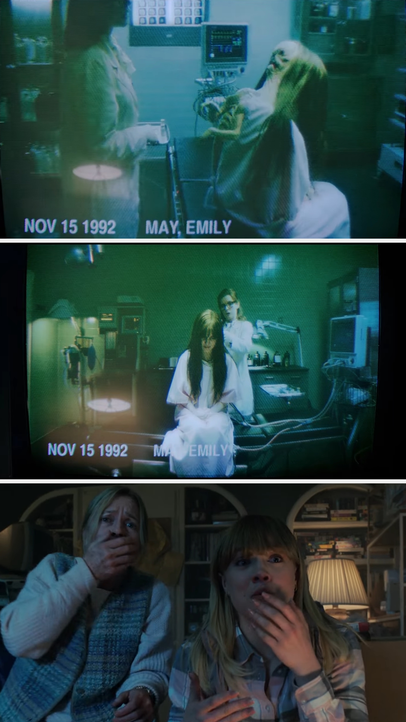Split-screen image: Top, scenes of a woman in a hospital, labeled "Nov 15 1992, May, Emily." Bottom, two startled women reacting while watching TV
