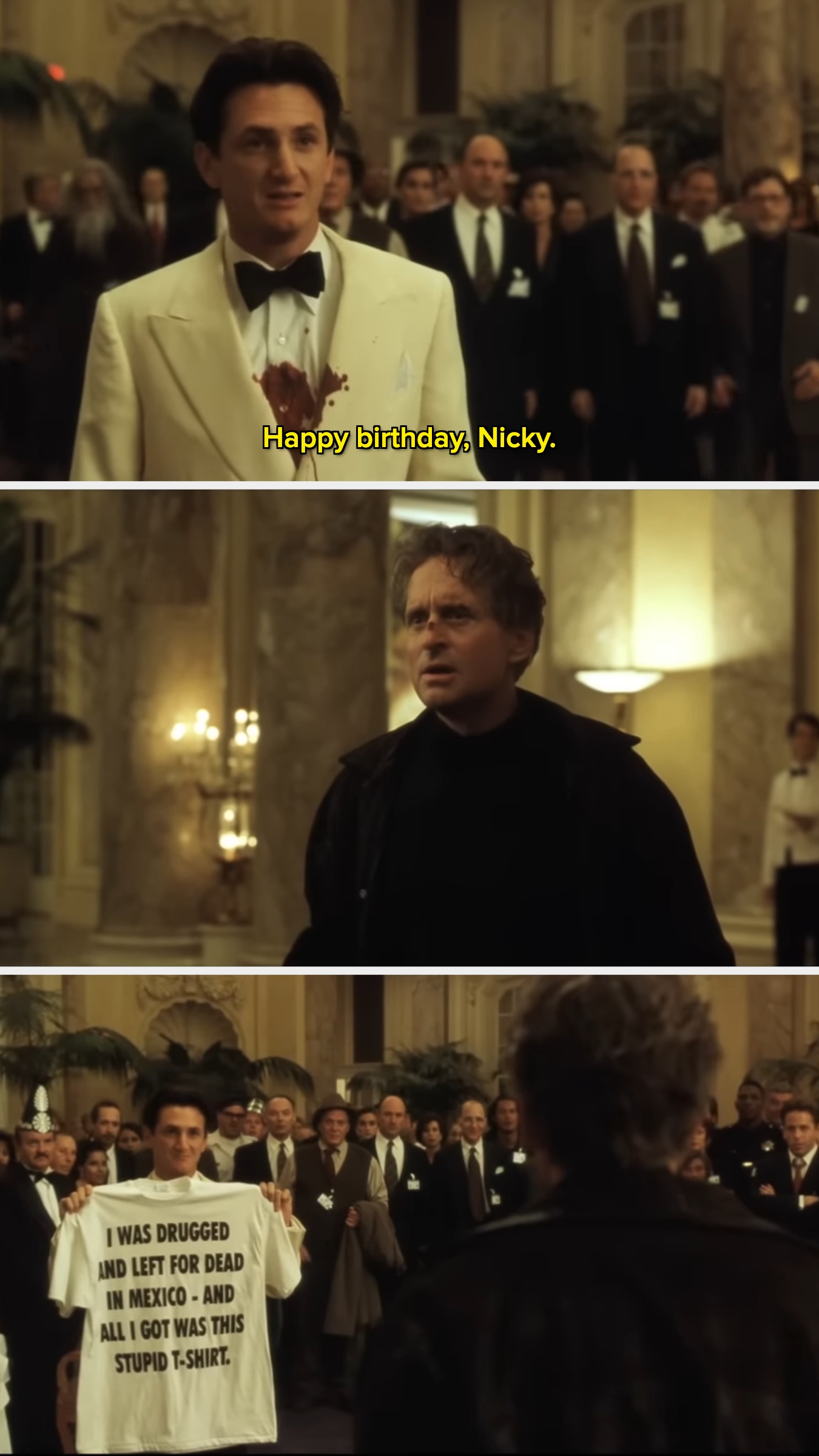 Three men in a formal setting; one holds a sign saying, "I was drugged and left for dead in Mexico, and all I got was this stupid t-shirt."