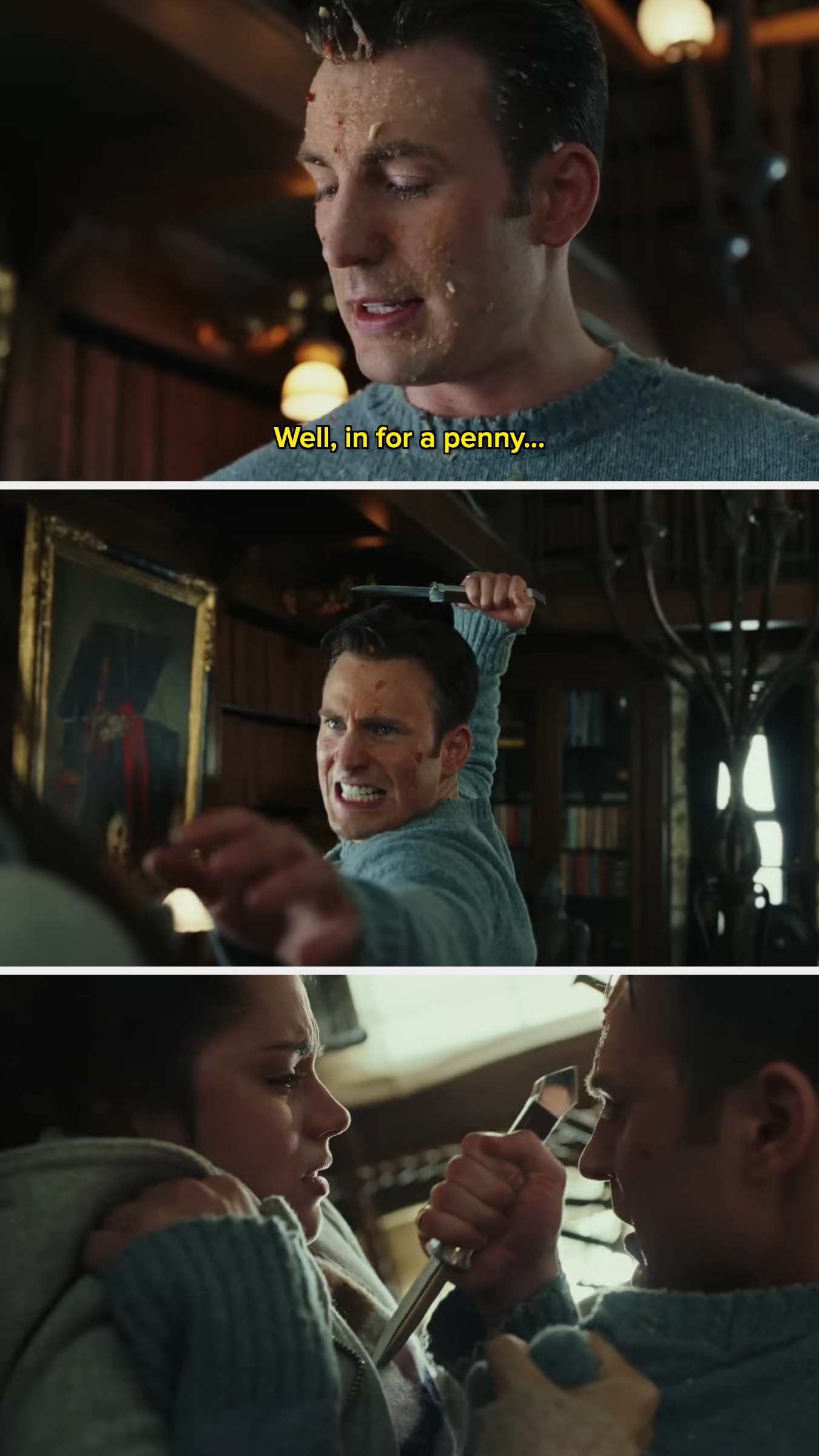 Three-panel scene: A man with a determined expression holds a knife, confronting a woman. Text: "Well, in for a penny…"