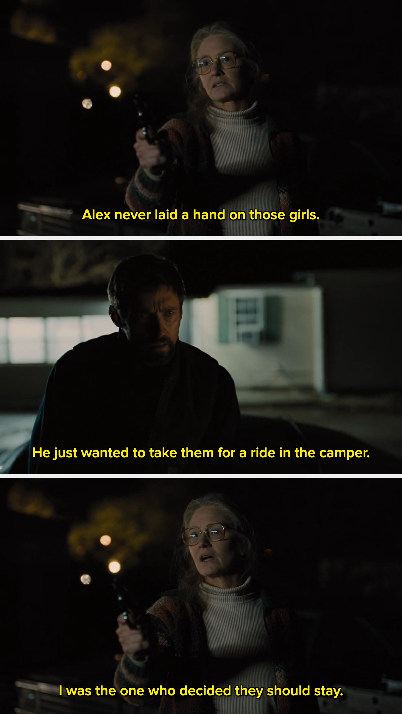 A tense moment from a film scene showing two characters, one holding a gun, having a serious conversation outdoors at night. Subtitles discuss guilt