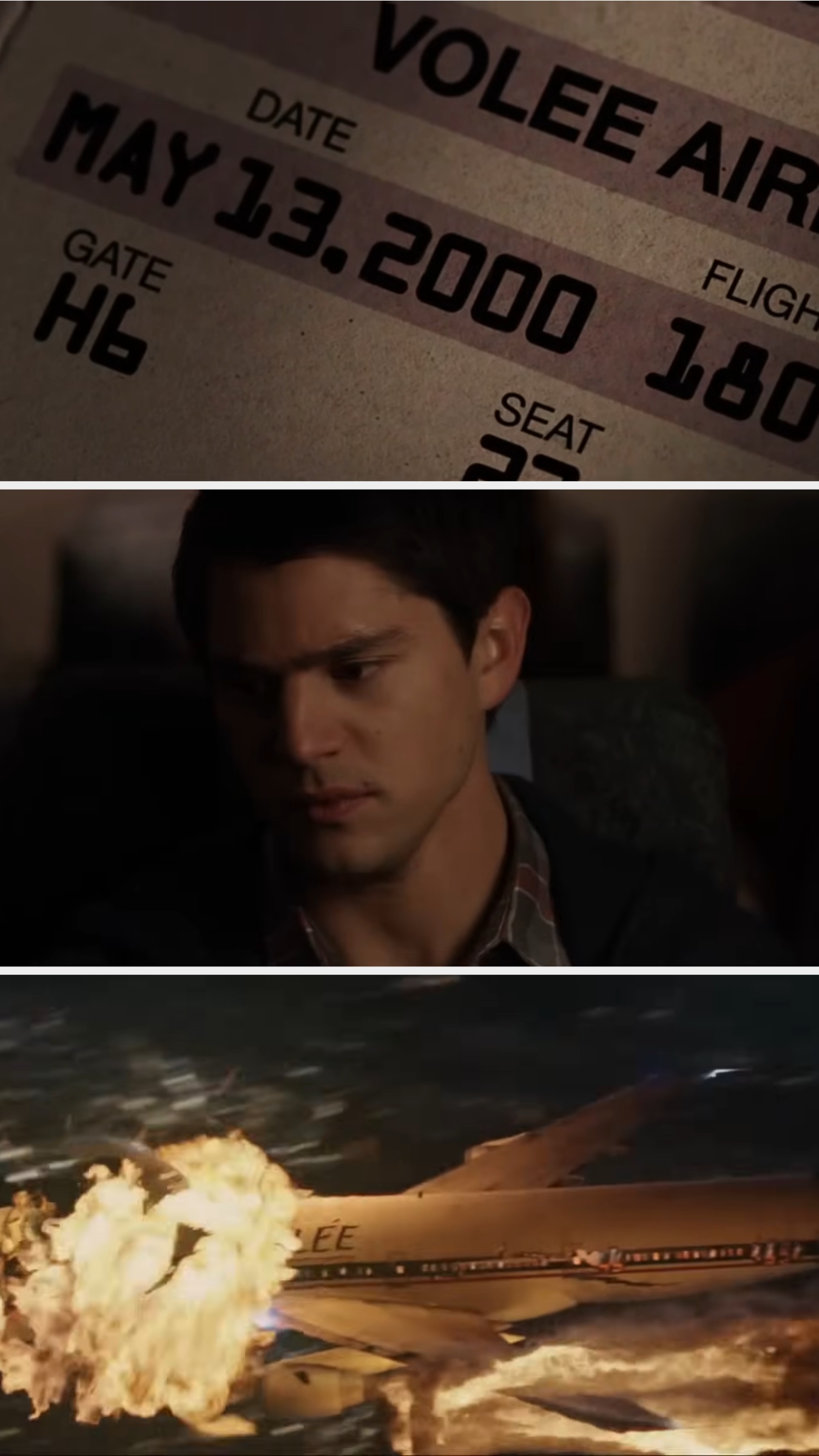 Close-up of a plane ticket for May 13, 2000, person looking concerned, and an airplane mid-explosion