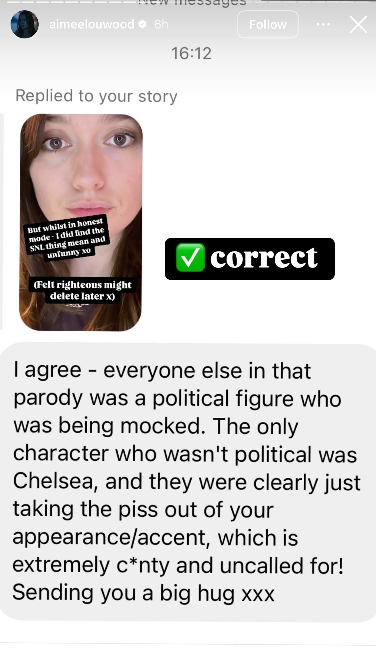 A social media response discusses impersonation of political figures with one non-political character, and condemns derogatory comments about appearance/accent