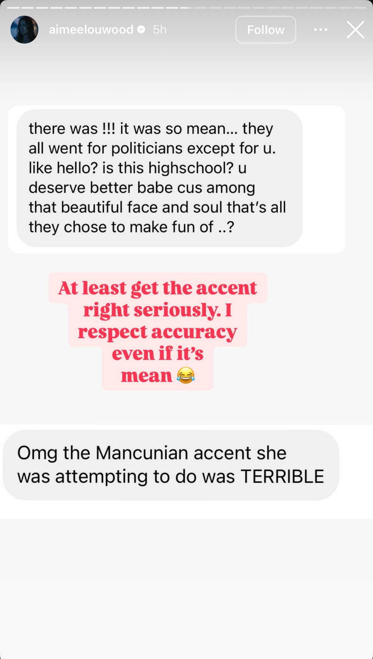 Text summary: The messages criticize someone for attempting an inaccurate accent and question their maturity, likening their behavior to high school antics
