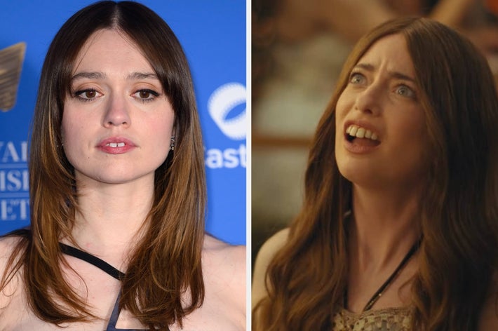 Left: Person in a formal setting with straight hair wearing a black-strapped dress. Right: Same person with long, flowing hair, appearing surprised