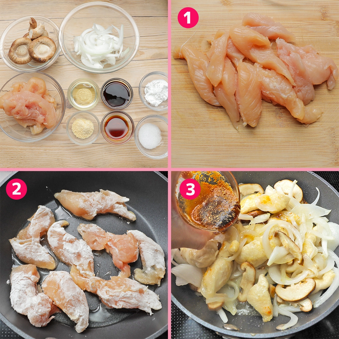 鶏肉と玉ねぎ、他の食材が用意され、鶏肉を調理する手順が示されている料理の写真コラージュ。