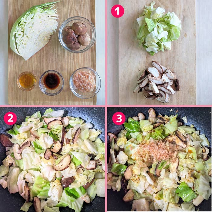 キャベツとしいたけを炒める過程。手順1で材料が準備され、手順2と3で炒められています。