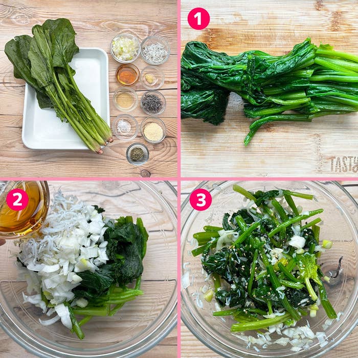 野菜料理の手順を示す画像：1. 下茹で、2. 混ぜる、3. 調味料を加えて和える。
