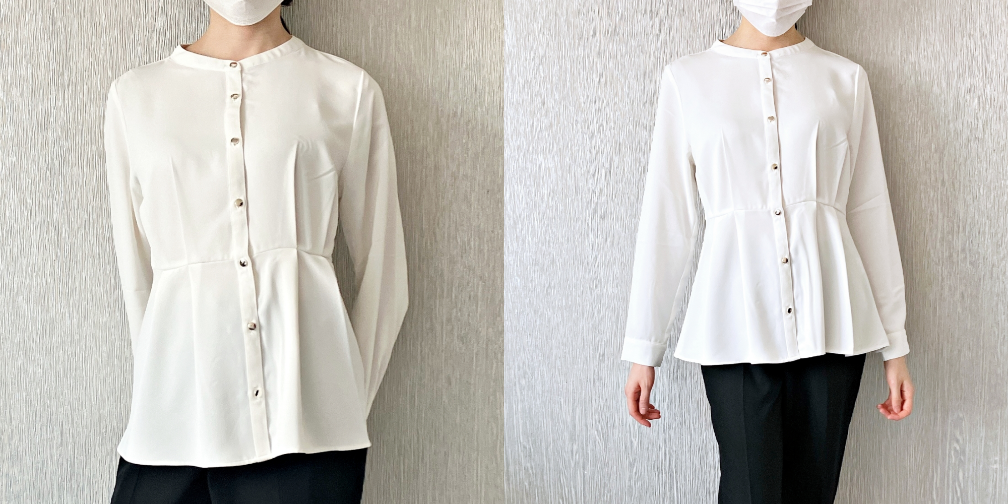 白いボタン付きシャツを着た人が立っている様子が2回構図で見られます。