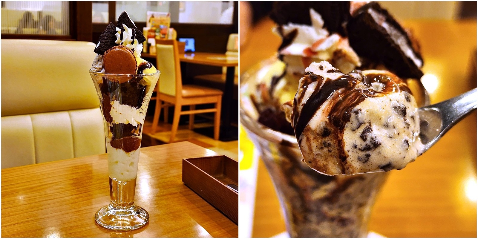 パフェがテーブルに置かれており、チョコレートとクッキーがトッピングされています。スプーンで一口分がすくわれています。