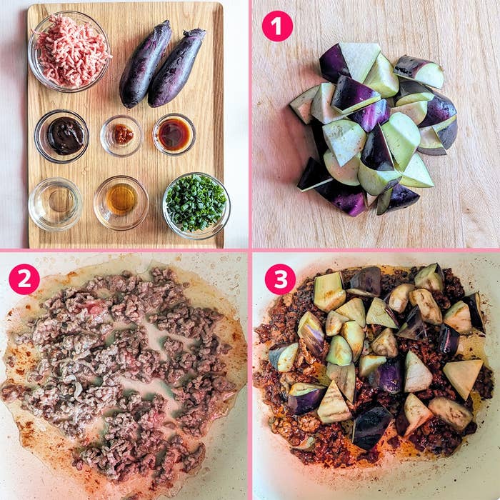 料理手順:ステップ1は細切れなす、ステップ2は炒めたひき肉、ステップ3は茄子とひき肉の調理。