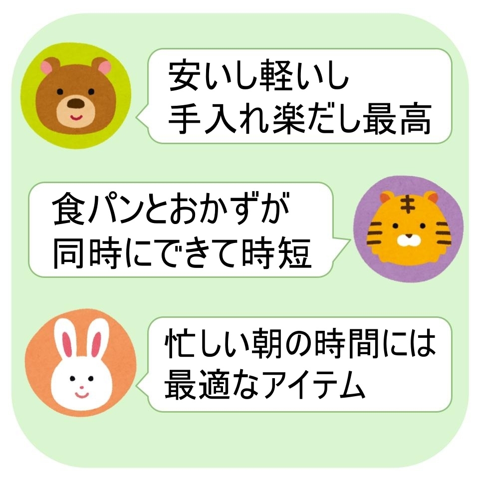 クマ、トラ、ウサギのイラストとコメント。軽くて安く、便利。食パンとおかずが同時に調理でき時短。忙しい朝に最適。