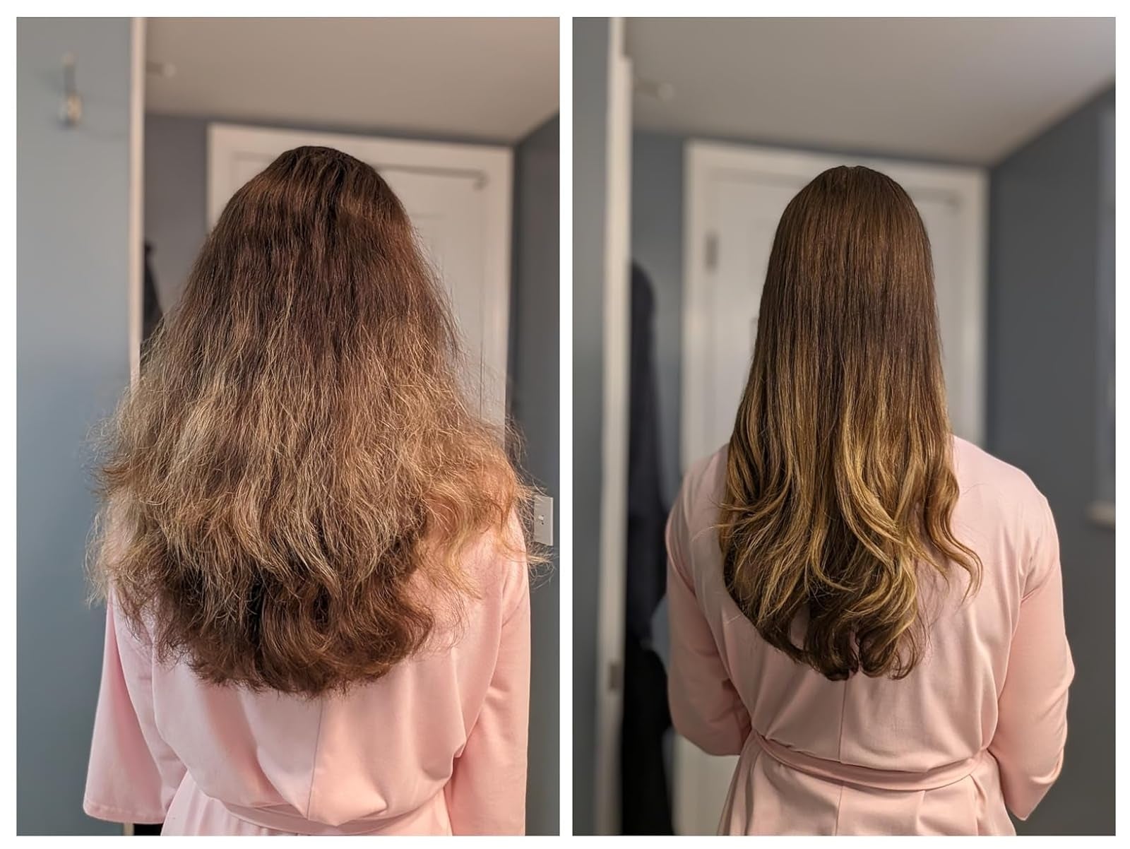  frizzy, adust  hairsbreadth  connected  the left; smooth, shiny hairsbreadth  connected  the close    aft  utilizing product
