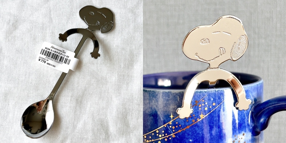 左：スプーンにSnoopyのデザイン。右：Snoopyのスプーンがカップにかかっている様子。