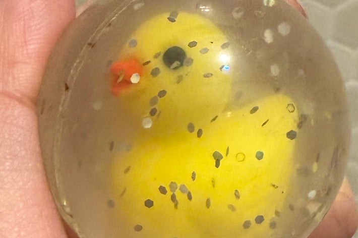 ひよこのおもちゃが入った透明なスーパーボール / こびとやさんのX（@kobitodoll）より