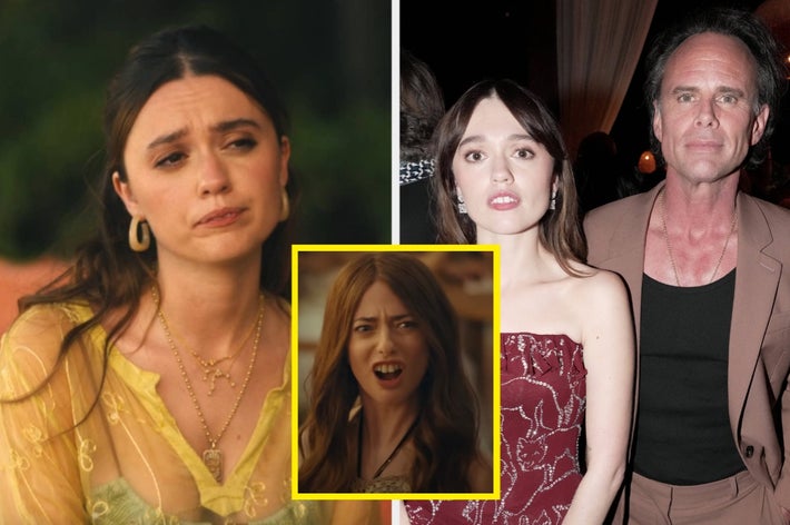 Actress in casual attire on TV, actress in elegant strapless gown at event with man in suit; inset shows her expressing shock in a scene