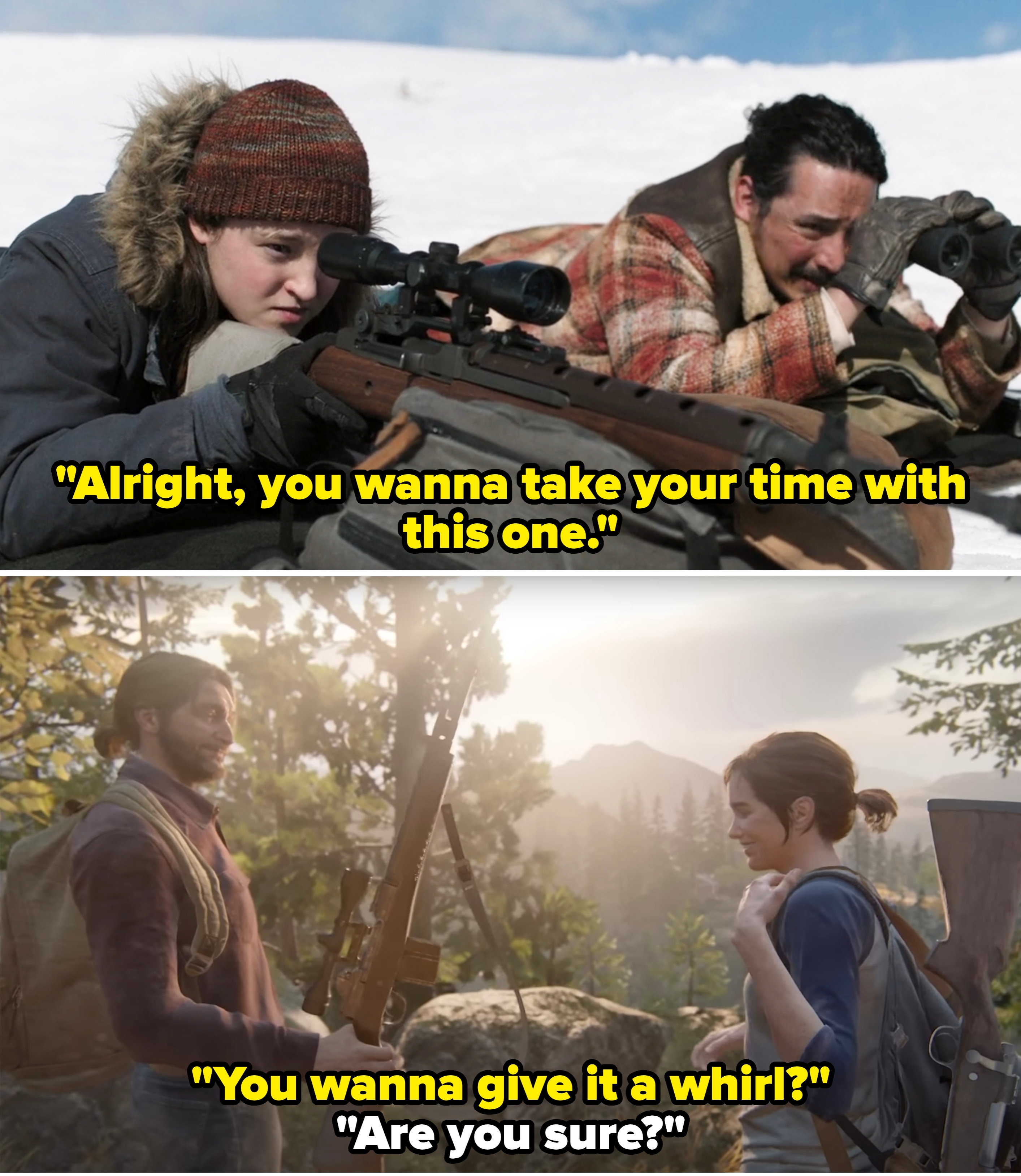 Tommy teaches Ellie how to shoot with a scope in the show vs. Tommy in the game asking Ellie if she wants to try
