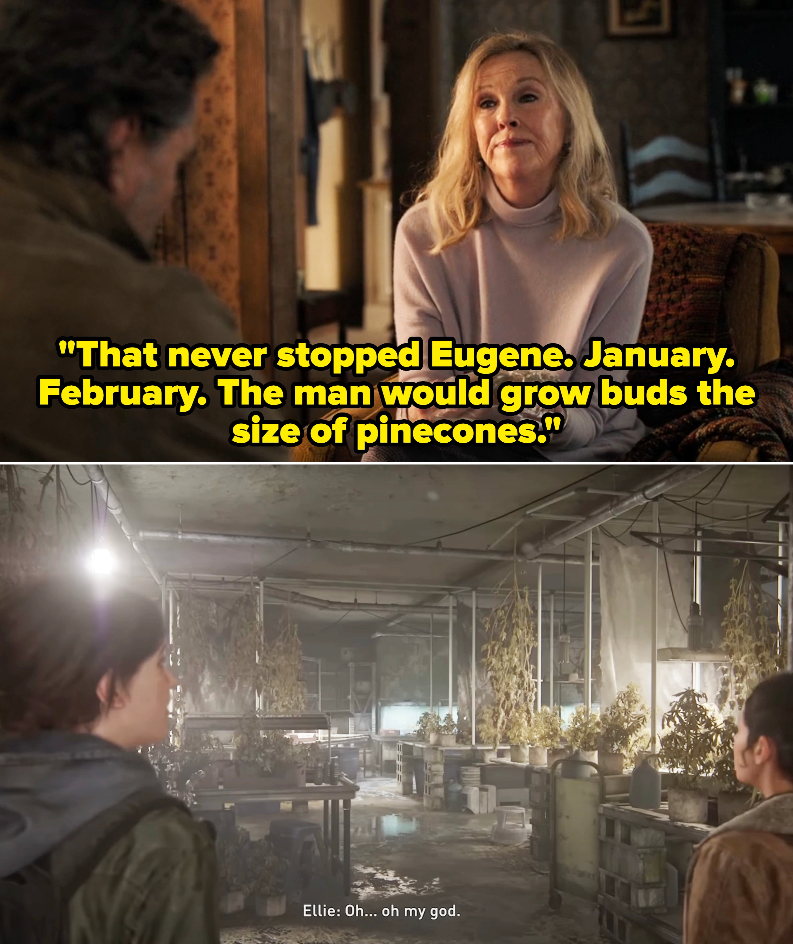 Gail discussing how Eugene could grow "buds the size of pinecones," no matter the season vs. a video game scene showing Ellie and Dina walking into a growhouse