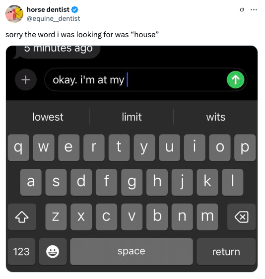 Text message draft on phone reads, "okay. i'm at my" with a suggested autocomplete word being "lowest." Tweet caption mentions word correction to "house."