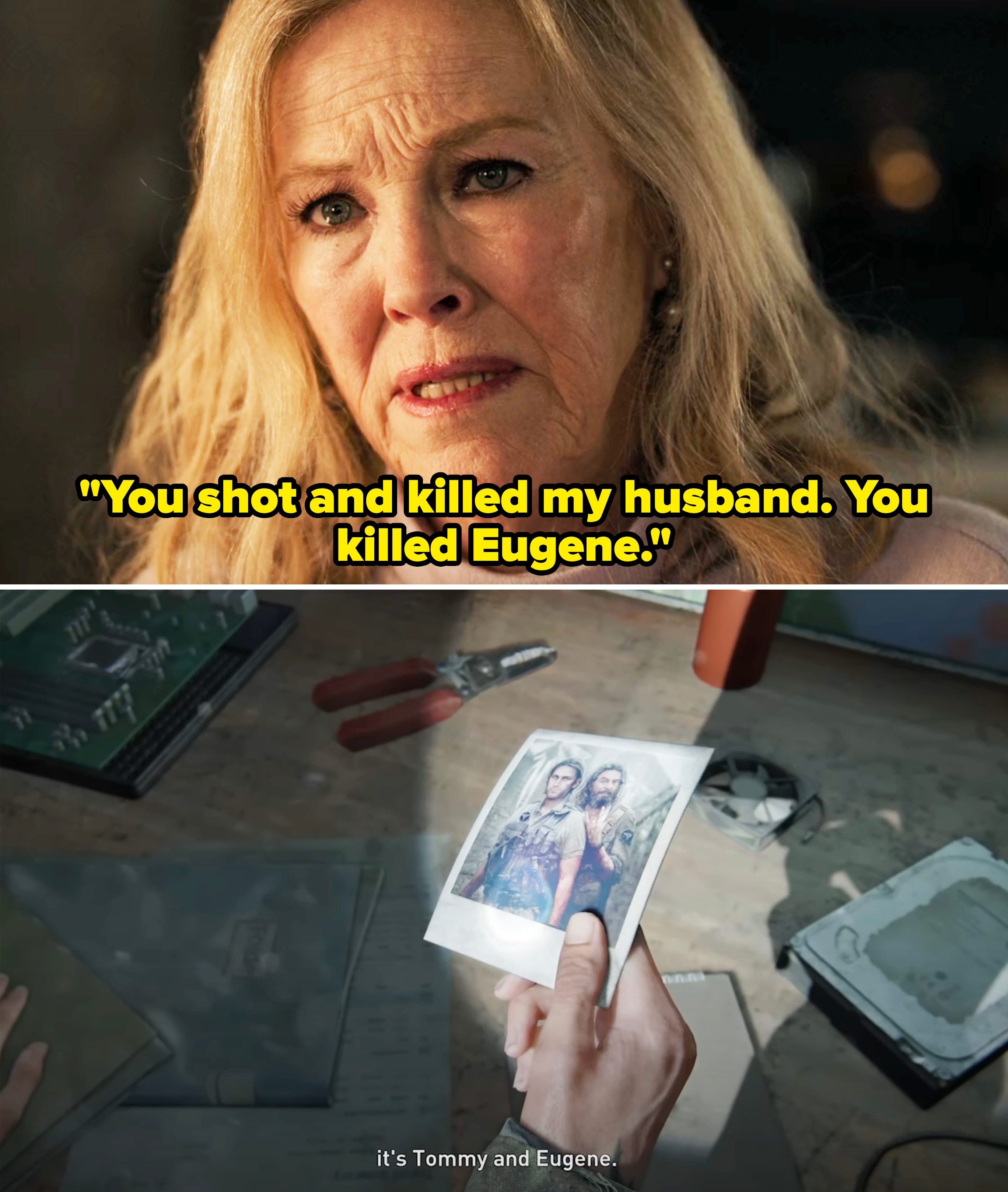 Gail saying, "You shot and killed my husband. You killed Eugene" vs. a video game scene with a close-up of Ellie holding a photo of Tommy and Eugene