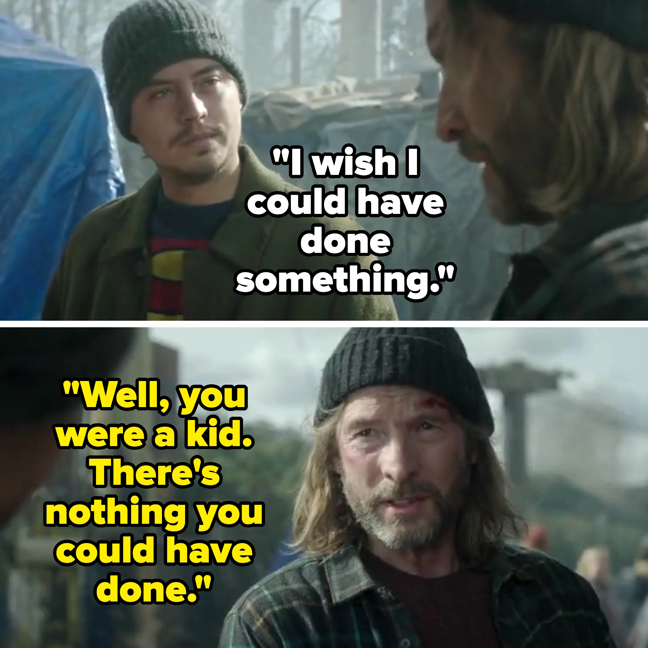 Two men outdoors wearing beanies and casual jackets, engaged in a conversation. Scene suggests a rugged, informal environment