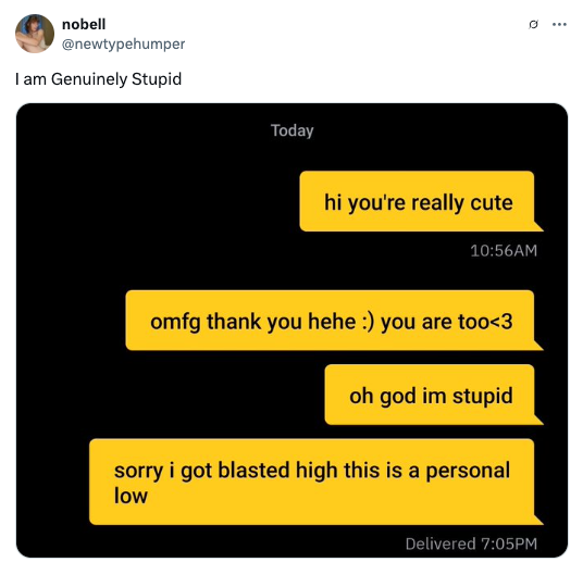 Screenshot of a Twitter post. Title: "I am Genuinely Stupid." Text messages express a humorous mix-up during a conversation