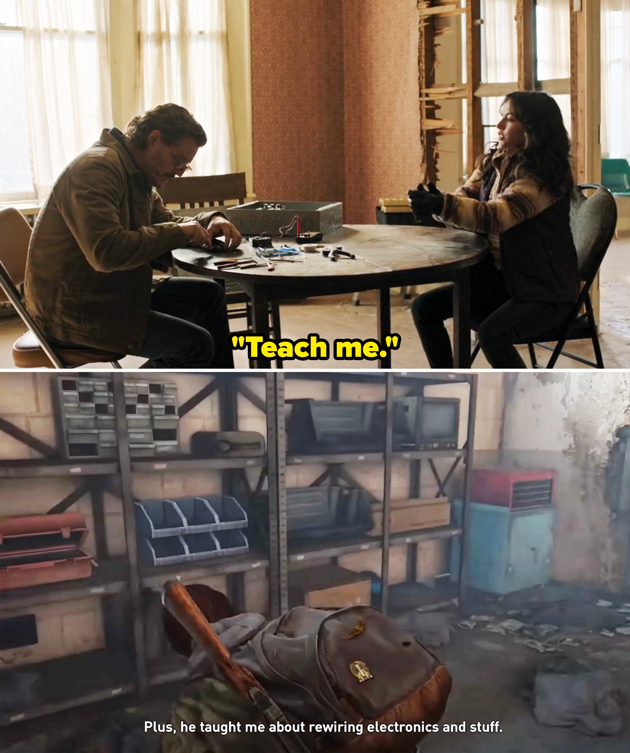 Dina asking Joel to teach her in the show vs. a video game scene where she says Eugene taught her "about rewiring electronics and stuff"