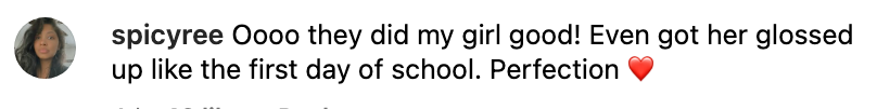 Comment discussing a girl's polished look, comparing it to the first day of school, with a red heart emoji