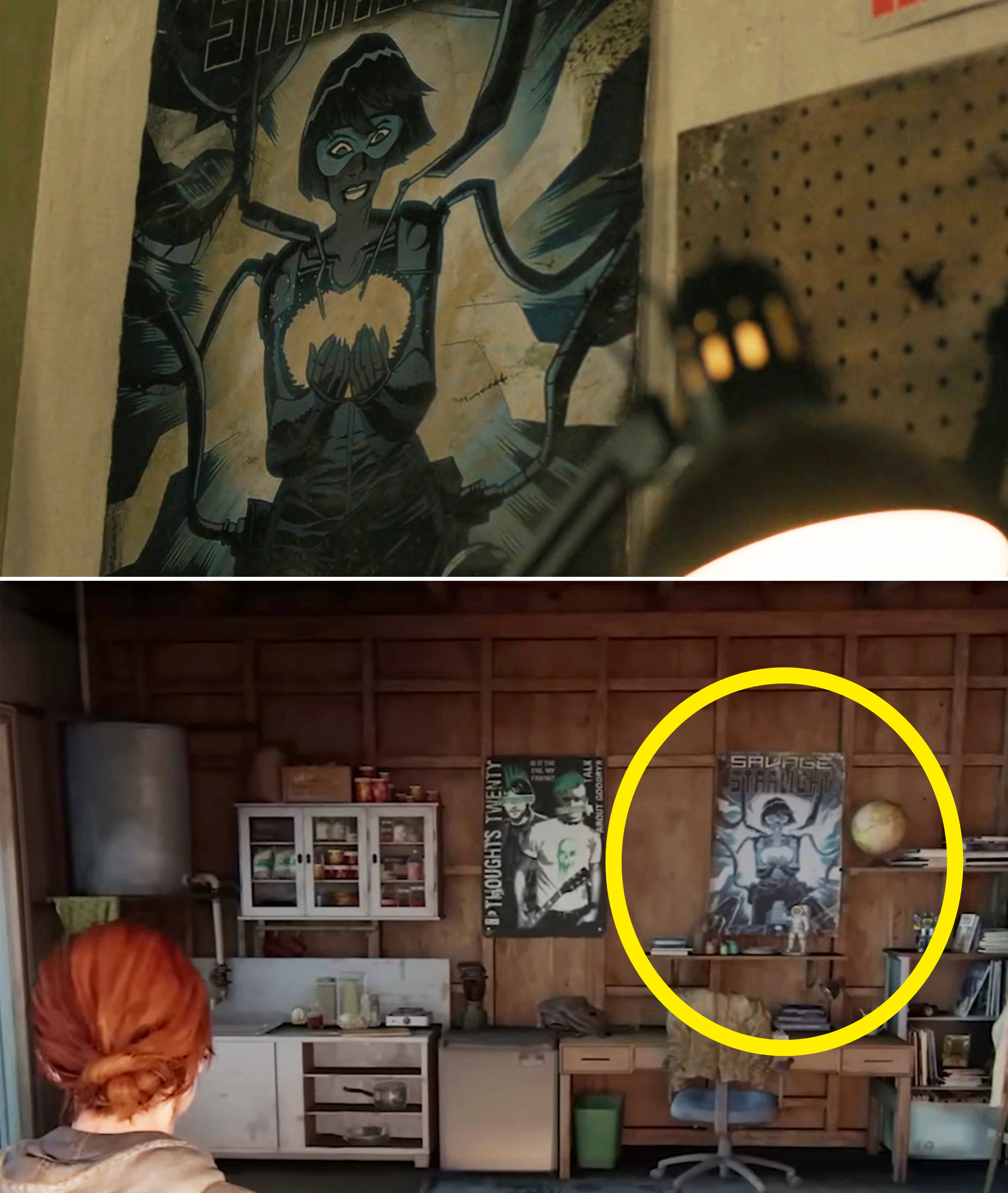 A close-up of Ellie's Savage Starlight poster in the show vs. the same one depicting in the game