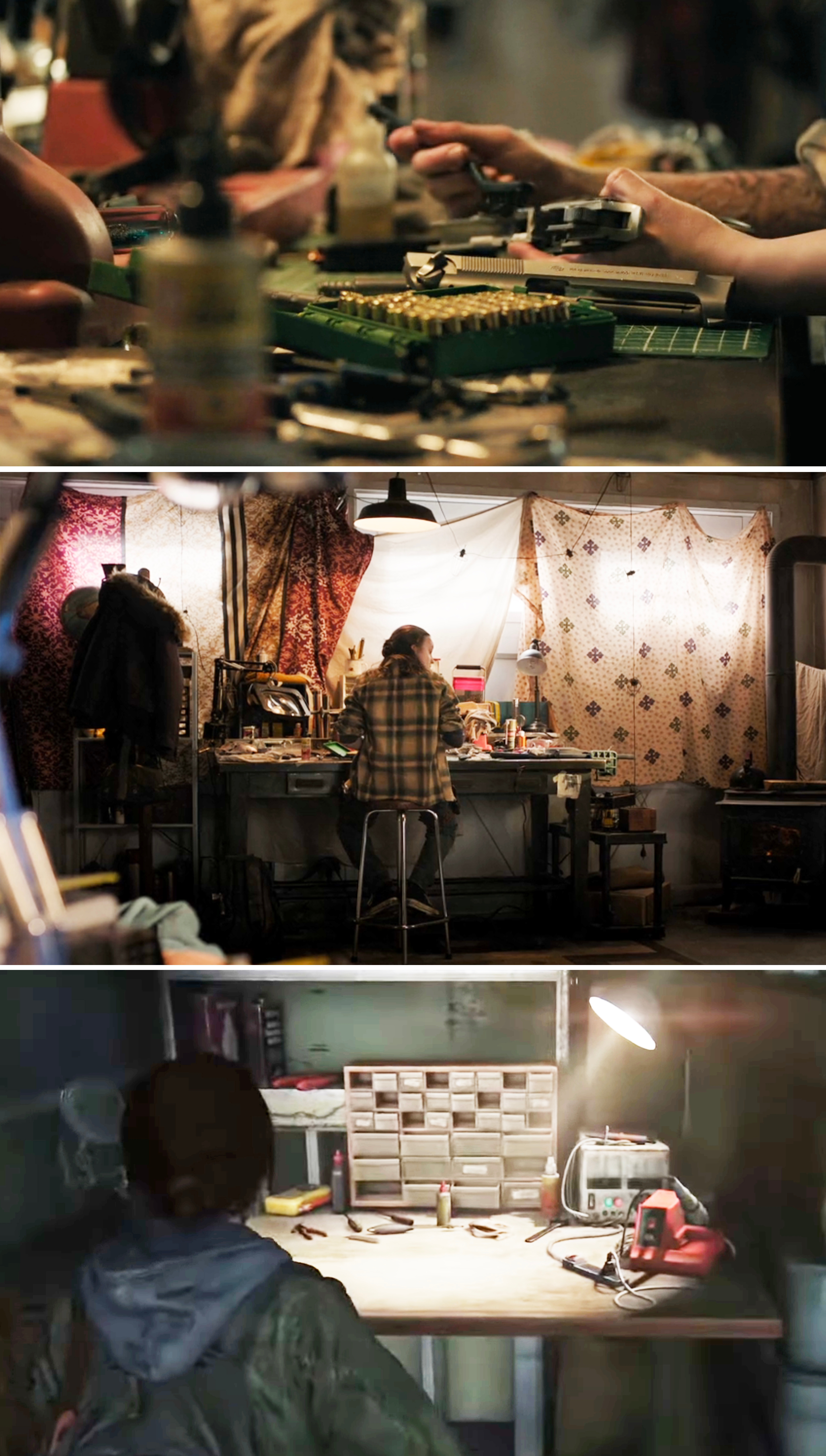 Close-ups of Ellie working at a workbench and cleaning her gun vs. Ellie walking up to a workbench in the video game