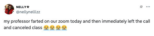 Tweet from user about a professor who farted during a Zoom class, left, and canceled it. Emoji reactions are included