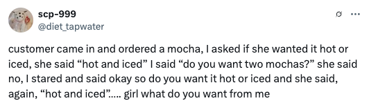 Customer wants a mocha "hot and iced." Confusion arises from unclear order as both options are impossible to combine
