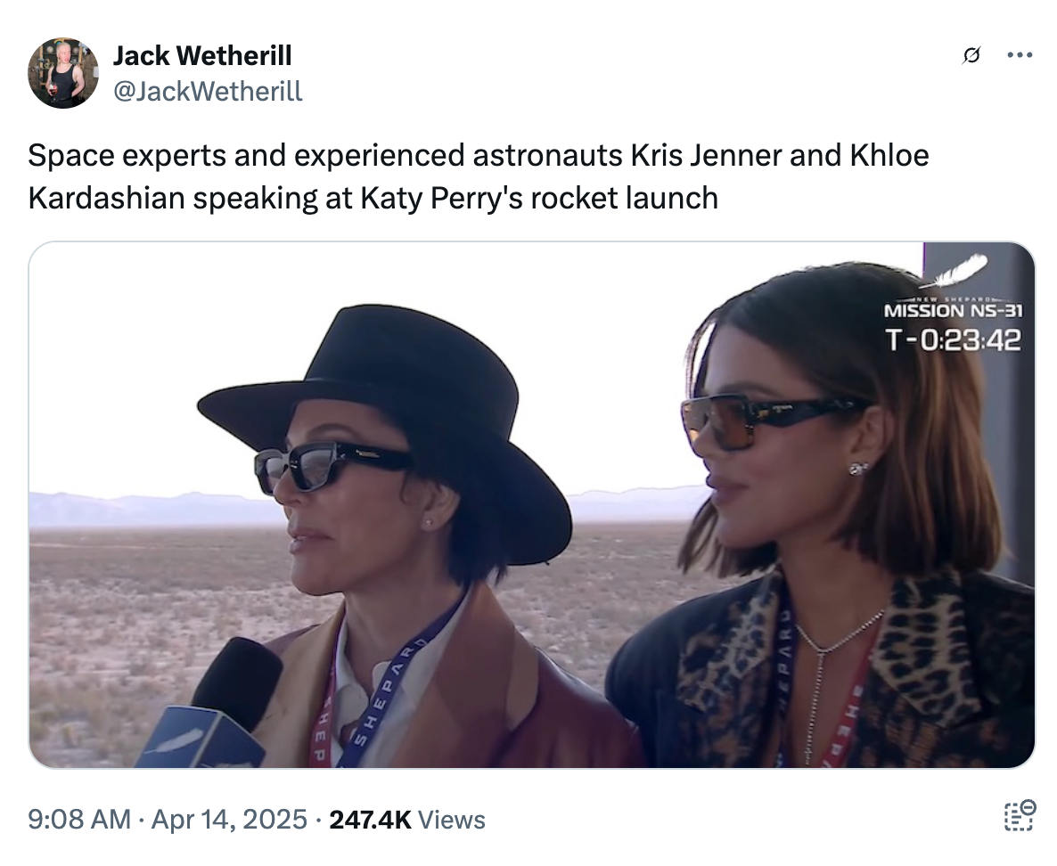 Kris Jenner and Khloe Kardashian speak at a rocket launch, dressed in stylish hats and sunglasses, holding a microphone