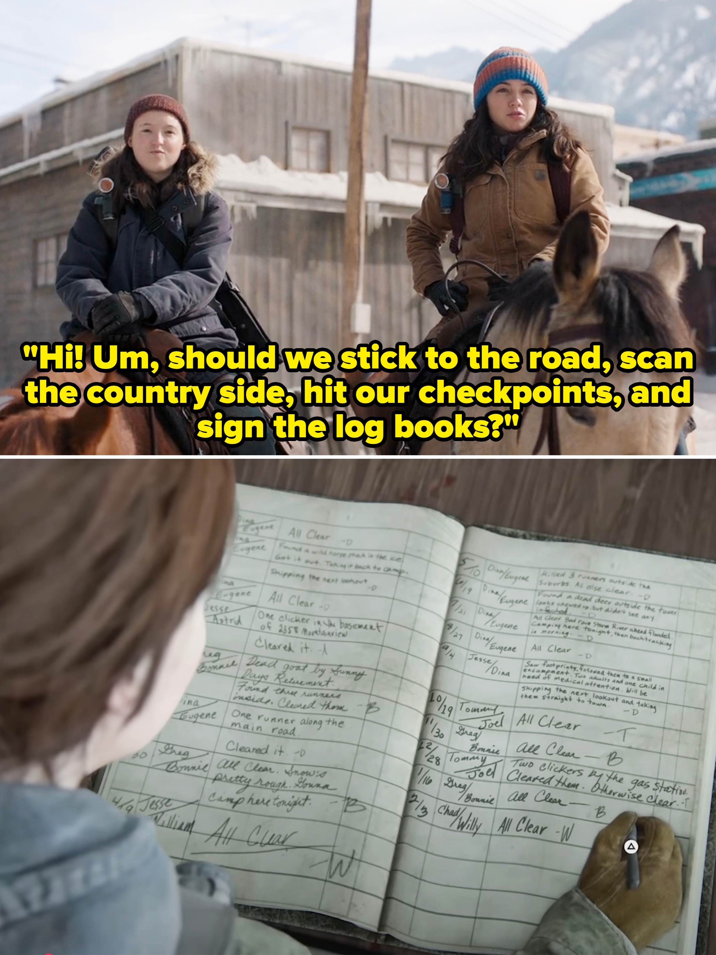 Dina asking if they should sign the log books in the show vs. a close-up of Ellie signing a log book in the game