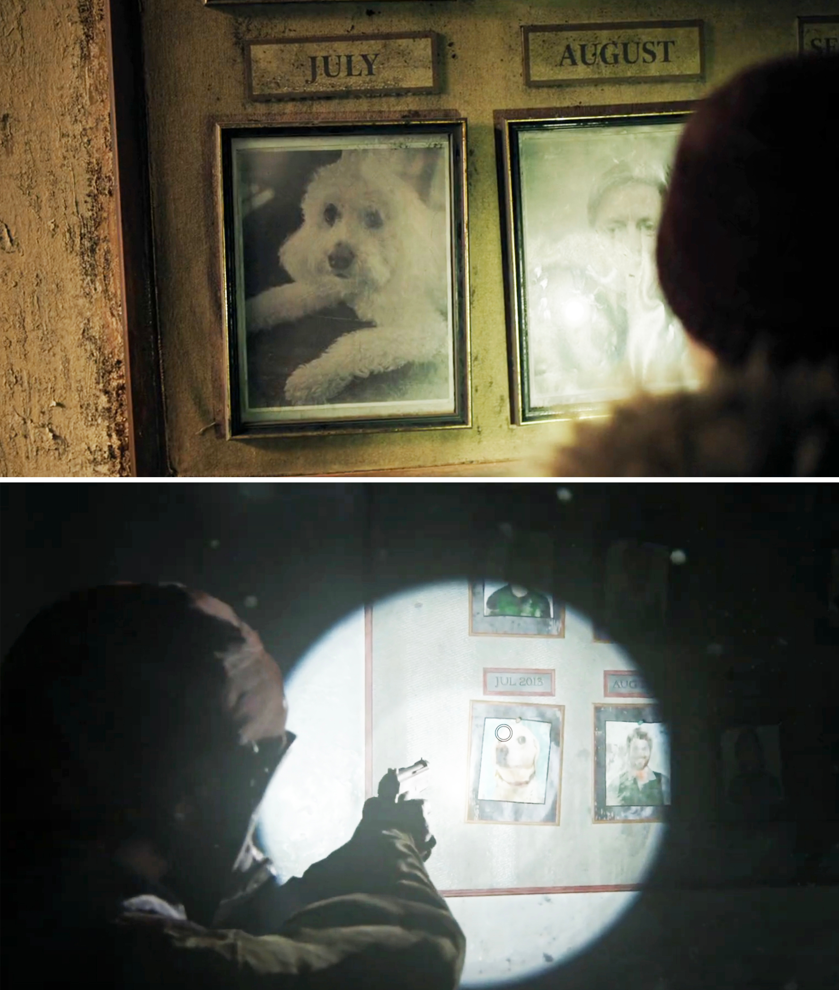 A close-up of Ellie illuminating a dog as employee of the month in July in the show vs. the video game