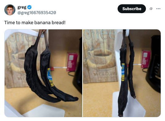 Two images of overripe, blackened bananas hanging on a banana holder in a kitchen, with a suggestion to use them for banana bread