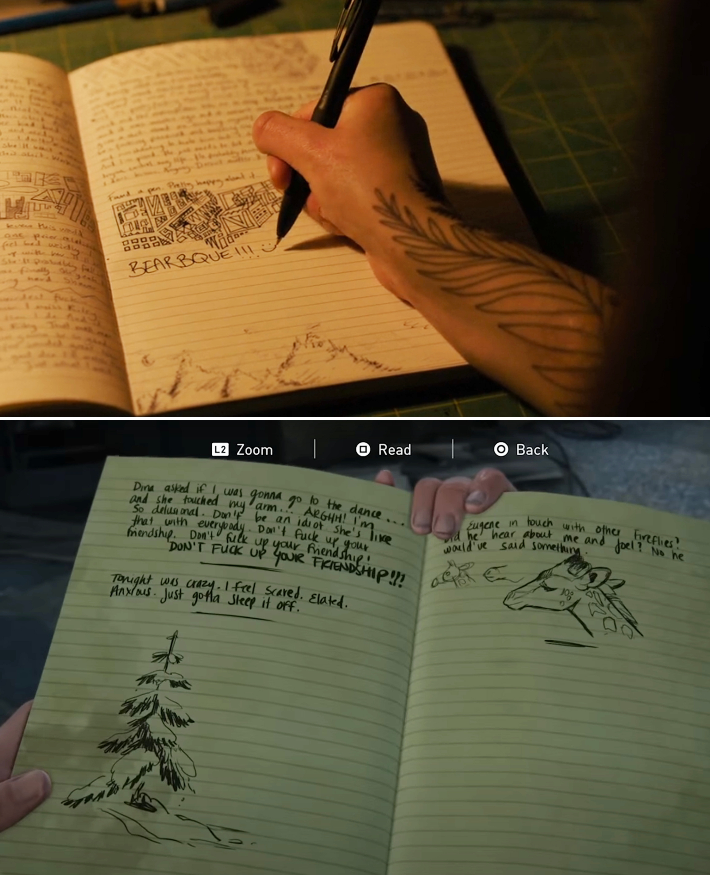 Ellie writing in her notebook in the show vs. Ellie reading her notebook in the video game