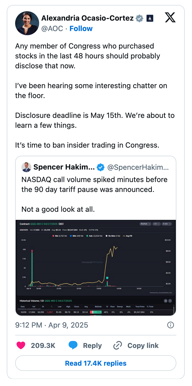 Tweet by a public figure suggesting that Congress members disclose recent stock purchases, referencing insider trading concerns with a chart