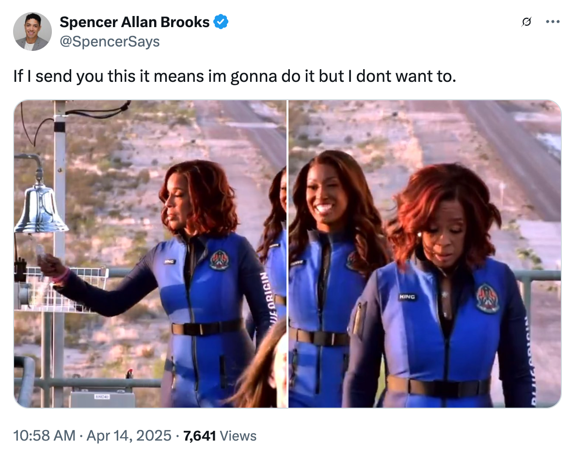 Two women in NASA uniforms; one rings a bell, the other looks hesitant. Tweet text: &quot;If I send you this it means I'm gonna do it but I don't want to.&quot;