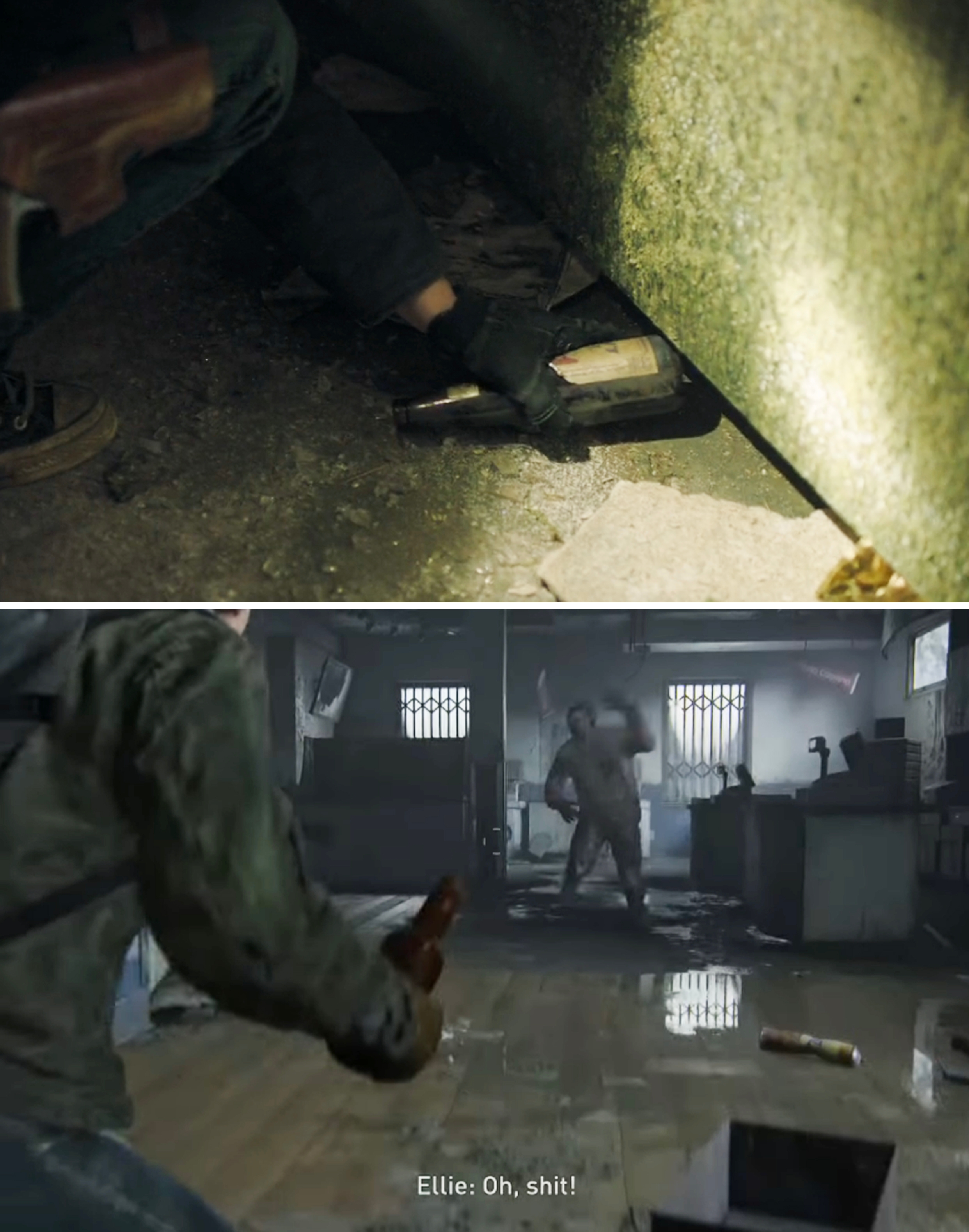 A close-up of Ellie picking up an empty beer bottle vs. Ellie throwing one in the game