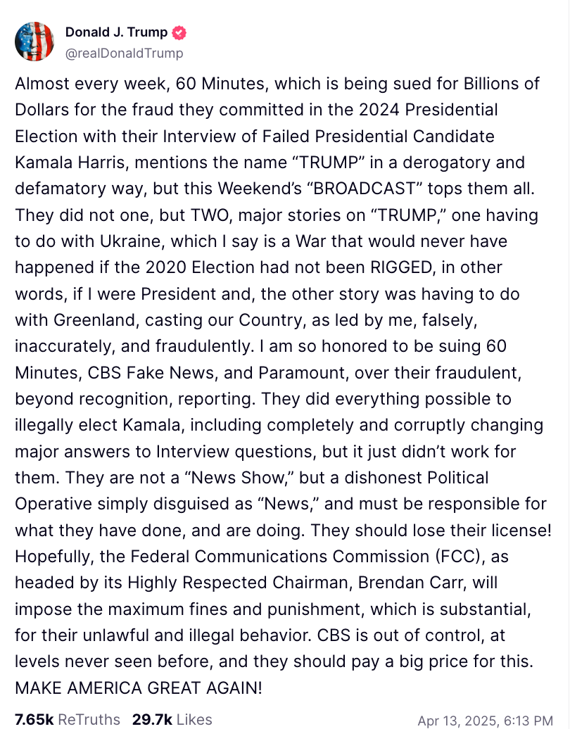 Summary of text: The post criticizes 60 Minutes for alleged fraud, media bias, and defamation regarding the 2024 Presidential Election and other issues