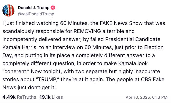 Tweet alleging 60 Minutes altered an interview with Kamala Harris to make her appear better, calling CBS News content "FAKE News."