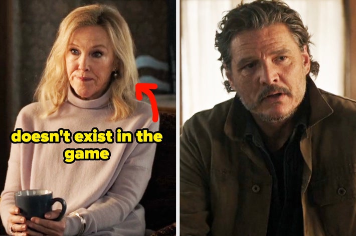 Catherine O&rsquo;Hara and Pedro Pascal in a scene from &ldquo;The Last of Us&rdquo; Season 2 with overlay text indicating how Catherine&rsquo;s character isn&rsquo;t in the game