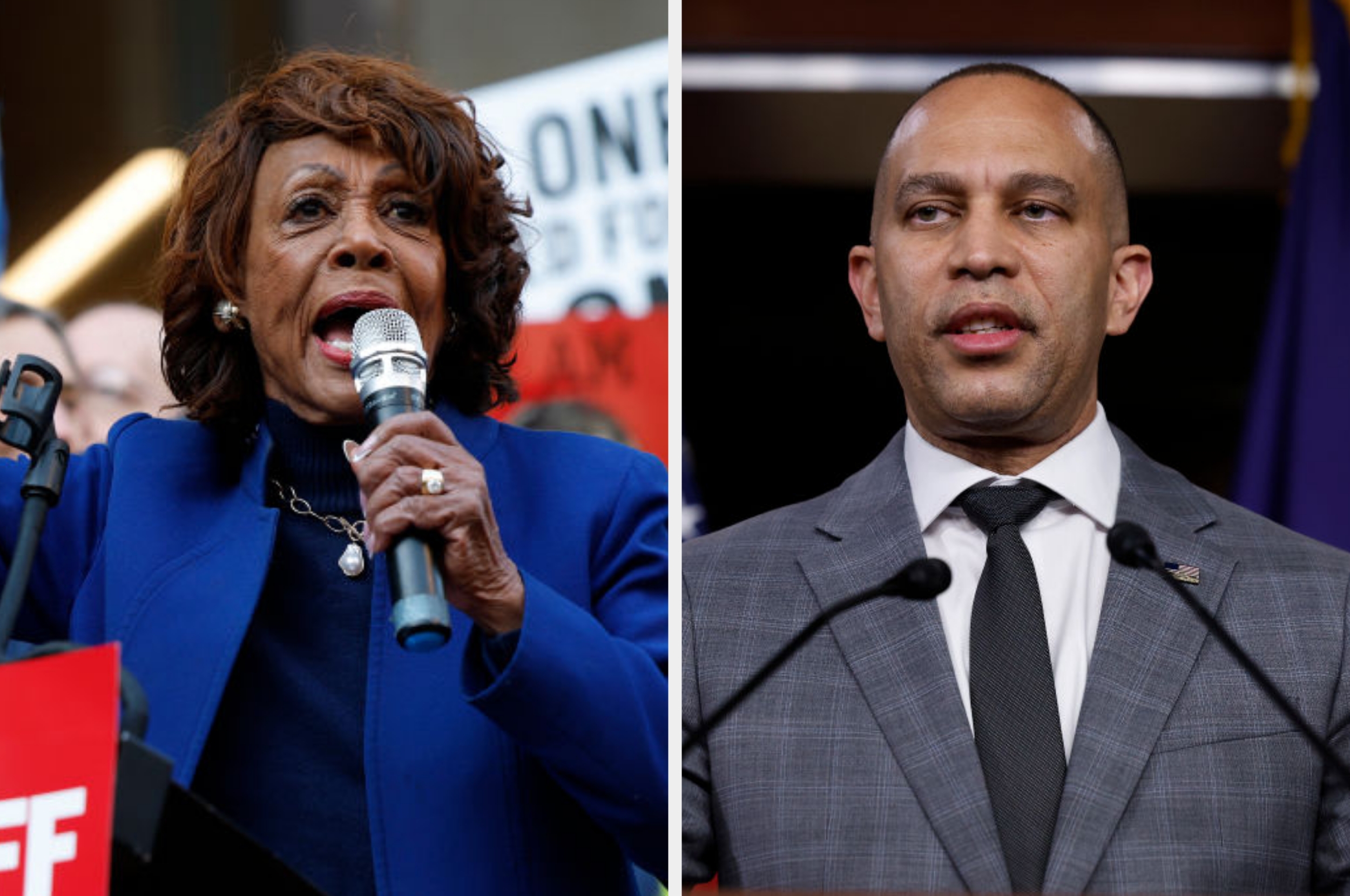 Two people speaking into microphones at separate events; one in a blue outfit, the other in a gray checked suit. Both appear to be addressing audiences