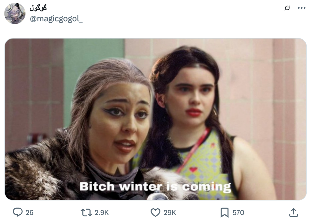Two people in a meme with one wearing fur and stating, "Bitch winter is coming."