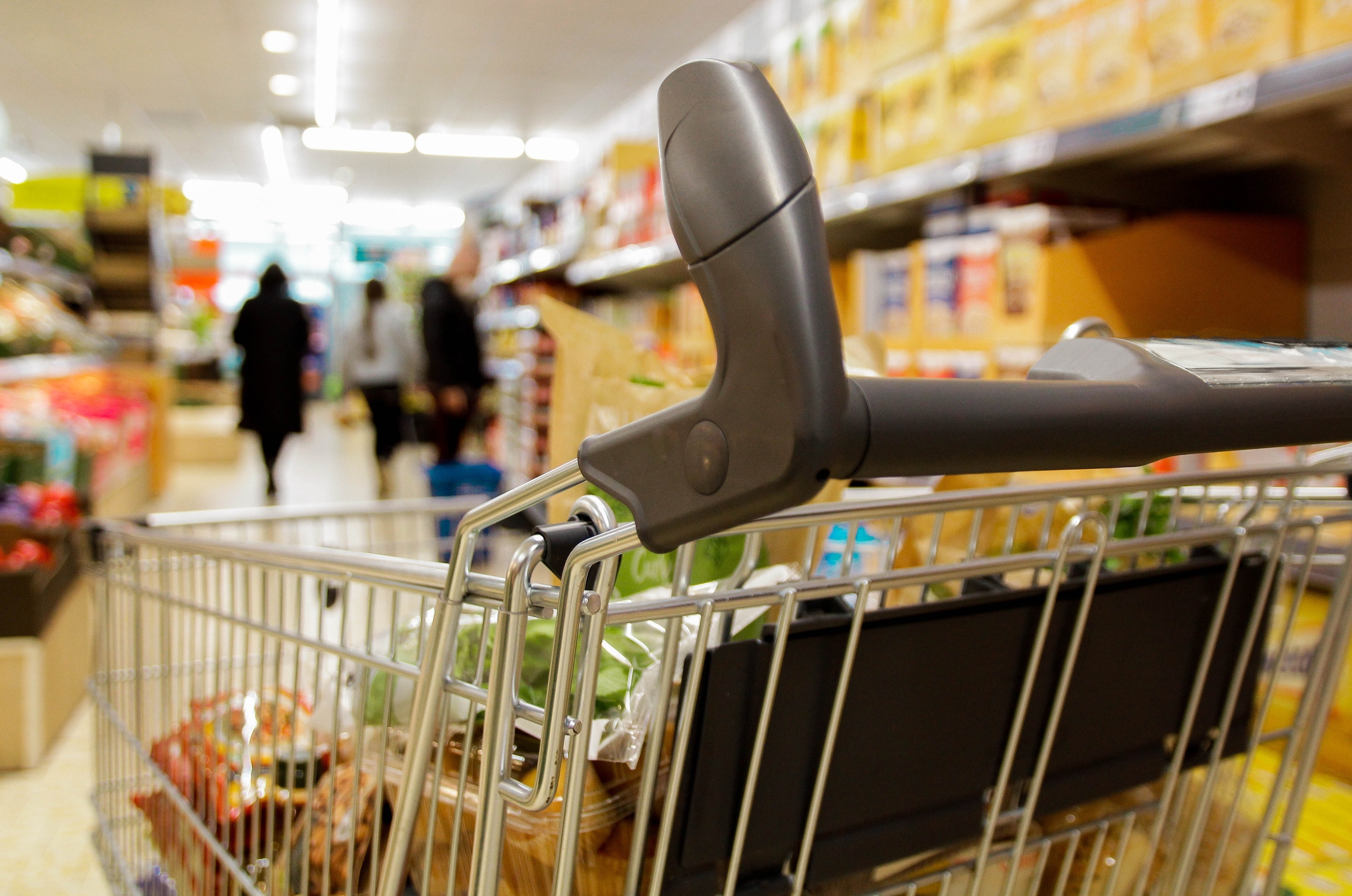 Shopping cart with groceries in a store aisle; shoppers are visible in the background