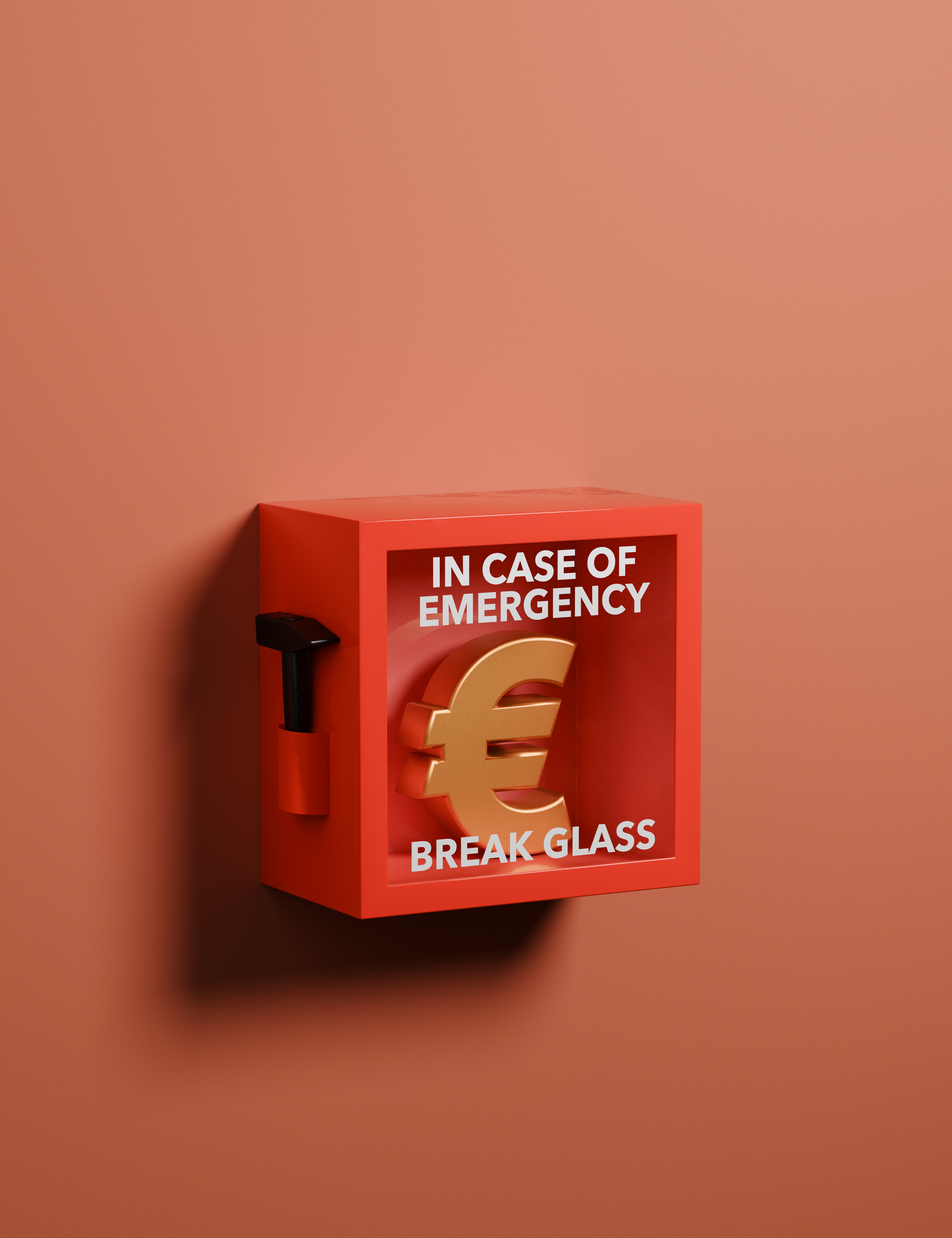 Emergency box with a euro symbol inside, labeled "In case of emergency, break glass."