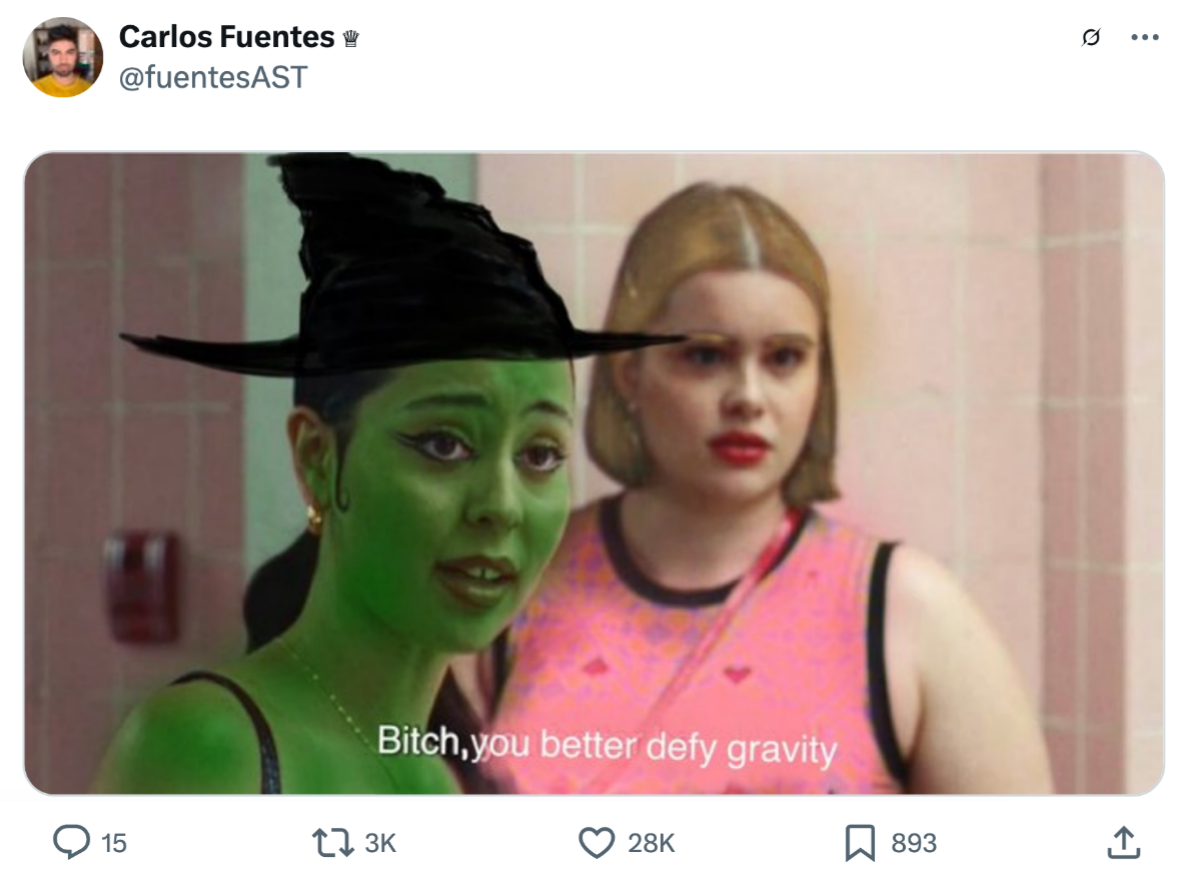 Two women in a scene: one has green skin and a witch hat; the other is watching. Caption reads, "Bitch, you better defy gravity."