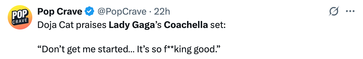 Tweet from Pop Crave: Doja Cat praises Lady Gaga's Coachella set, calling it "so f***ing good."