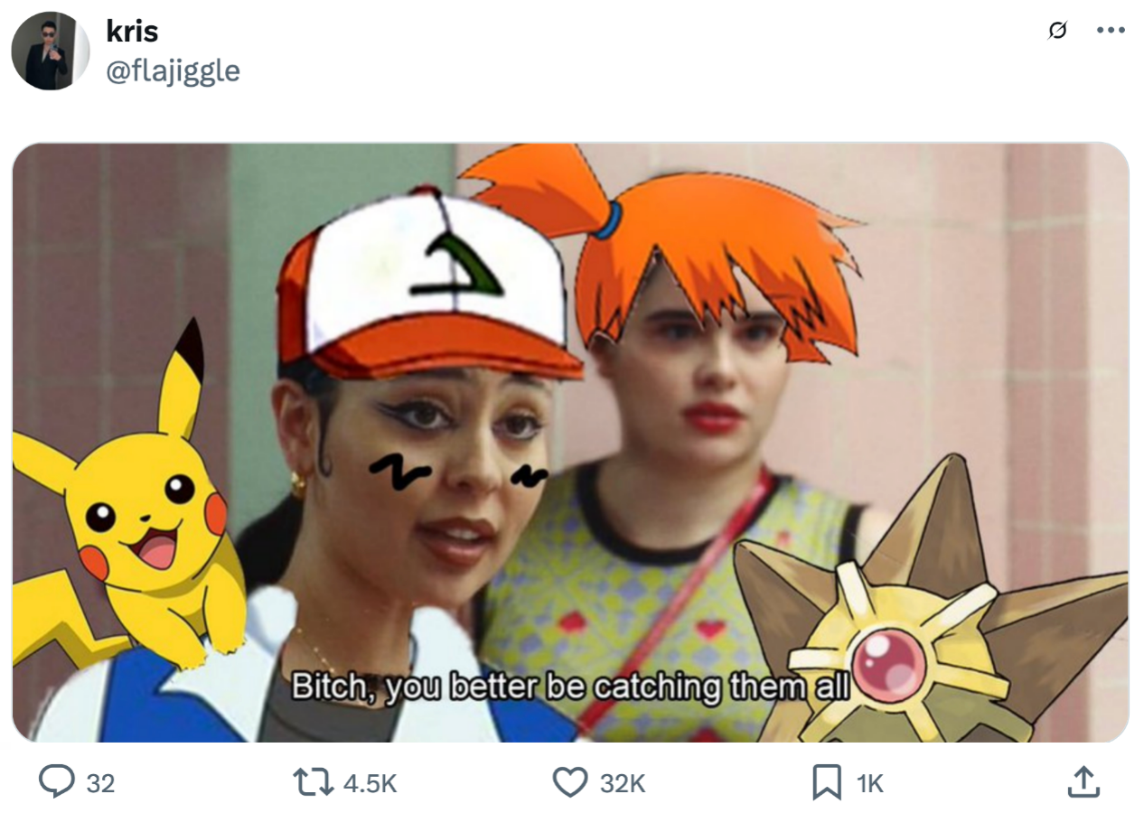 Image of two people with Pokémon characters and features digitally added, captioned with "Bitch, you better be catching them all."